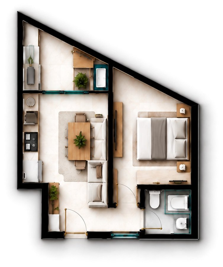 Planta humanizada do apartamento de 1 dormitório, 40,02 m²