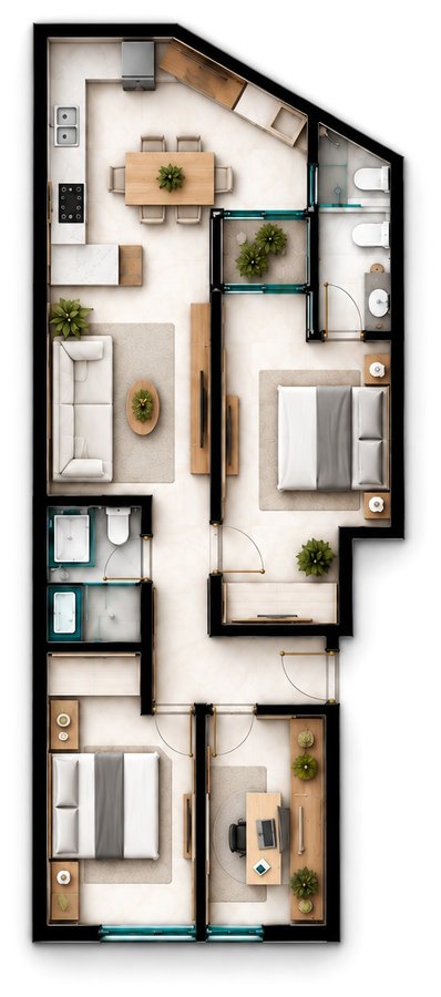 Planta humanizada do apartamento de 2 dormitórios + home office, 73,09 m², com jardim de inverno