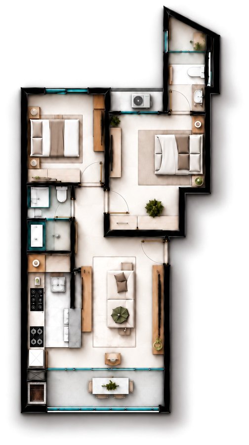Planta humanizada do apartamento de 2 dormitórios Tipo 01, 63,57 m²