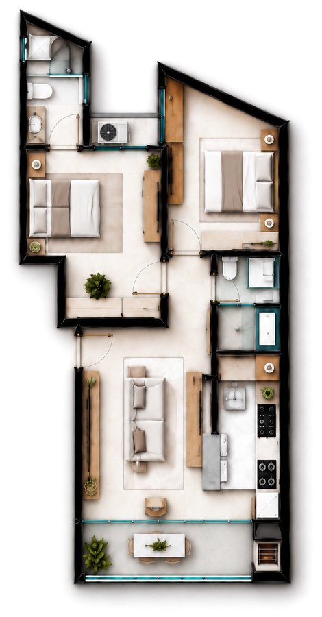 Planta humanizada do apartamento de 2 dormitórios Tipo 02, 62,93 m²