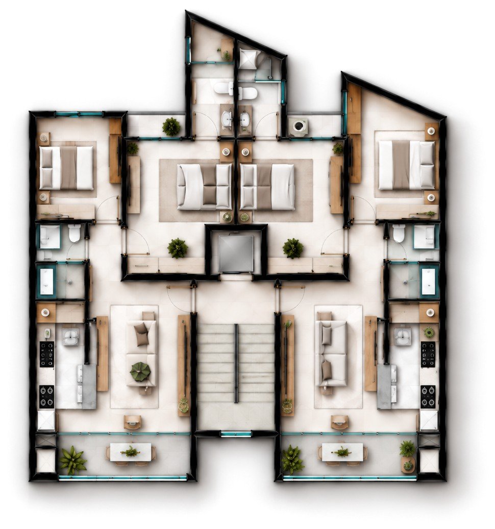 Planta humanizada do pavimento tipo, com os apartamentos Tipo 01 e Tipo 02